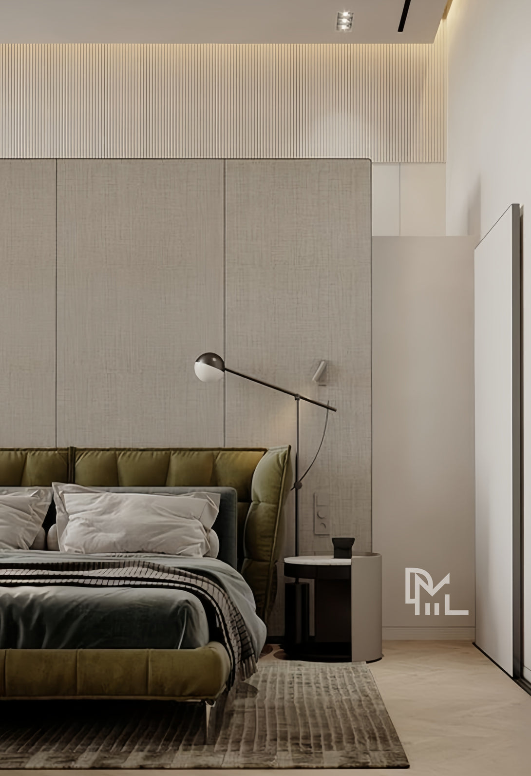 Martha linen-texture bamboo wood fiber wall panel in soft gray-white, used as a modern bedroom feature wall