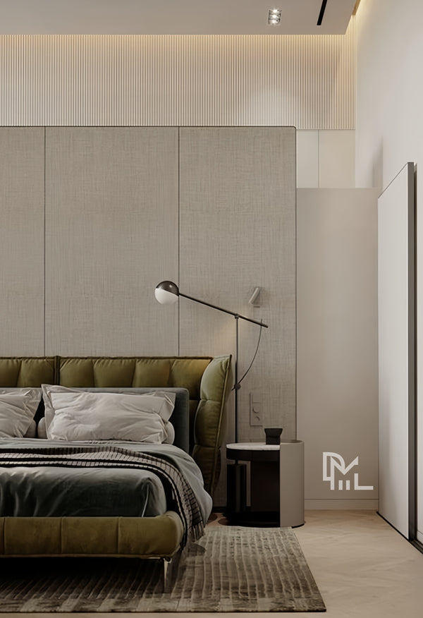 Martha linen-texture bamboo wood fiber wall panel in soft gray-white, used as a modern bedroom feature wall