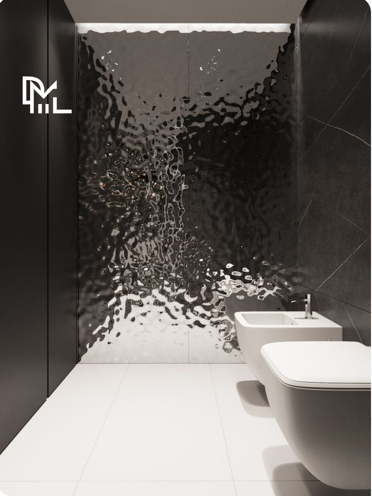 Modern bathroom with textured wall and white fixtures